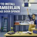 Technician in yellow overalls installing Chamberlain garage door opener in organized home garage with tools and instruction manual