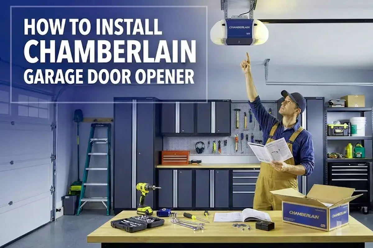 Technician in yellow overalls installing Chamberlain garage door opener in organized home garage with tools and instruction manual