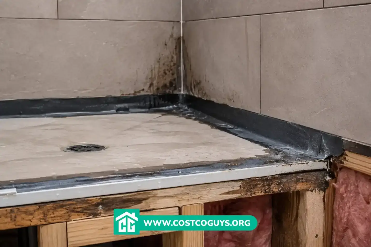 Shower pan construction corner with waterproof membrane and drain base exposed