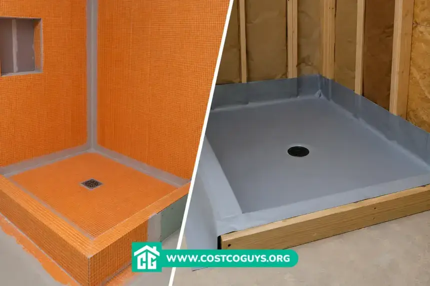 Shower pan waterproofing Kerdi vs PVC liner side by side installation comparison