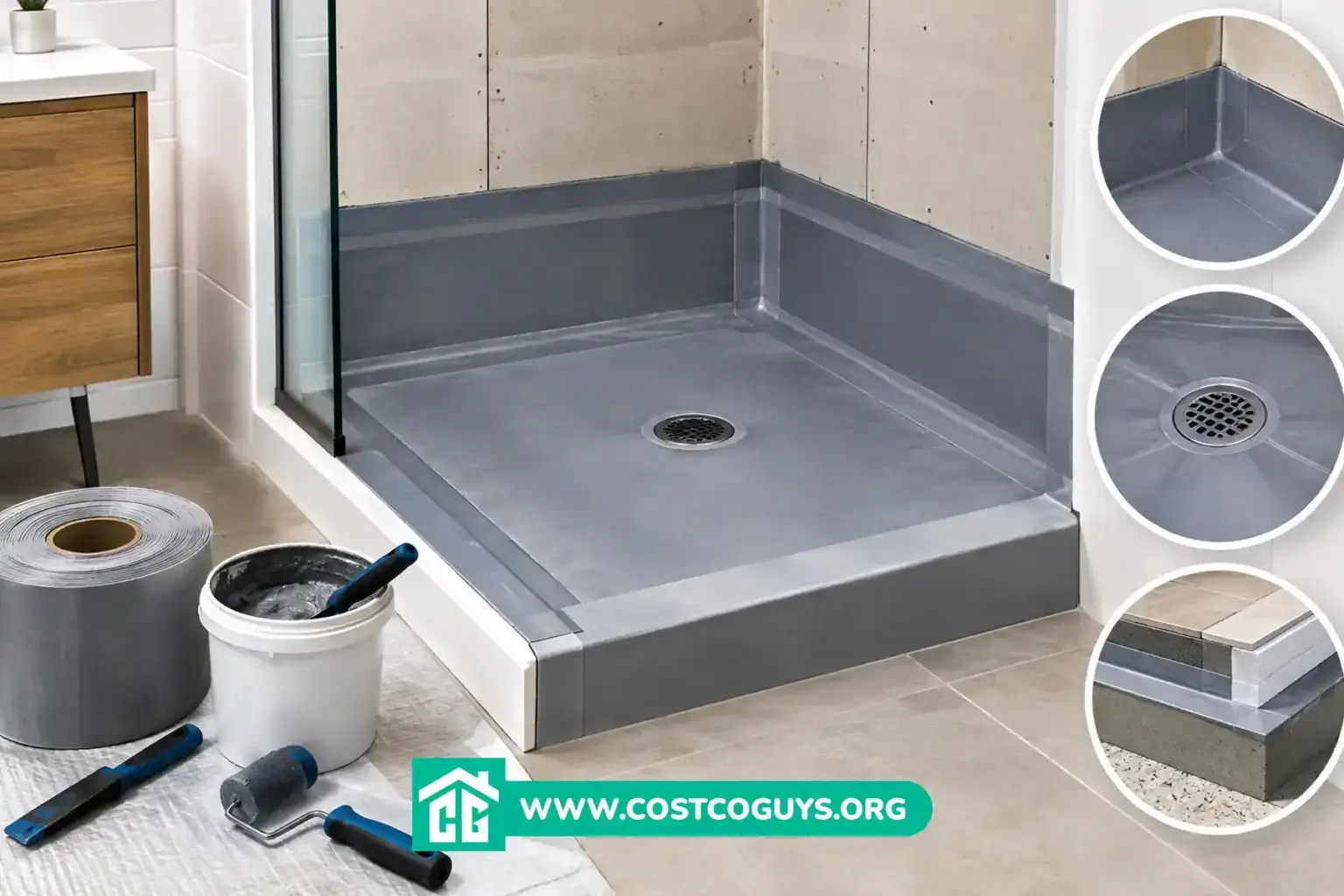 Shower pan with waterproofing membrane, drain, sealed corners, and curb