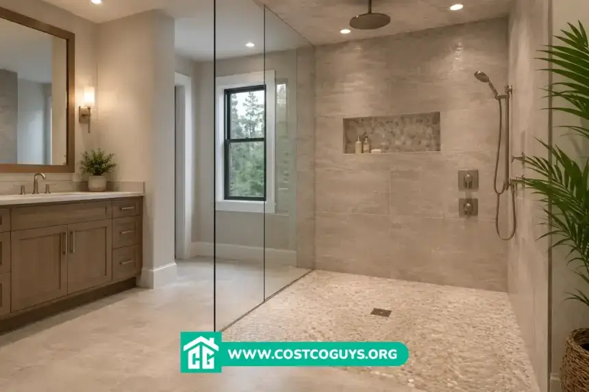 Custom curbless shower pan in a modern walk-in bathroom with glass enclosure, large tile walls, pebble floor, and linear drain