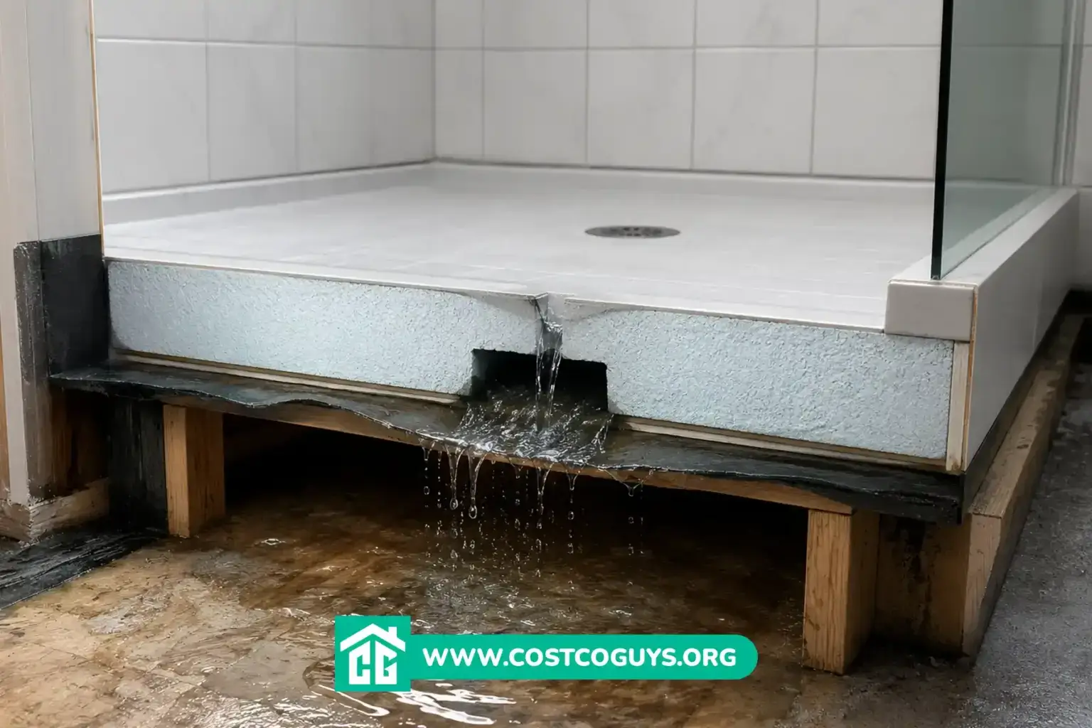 Foam Shower Pan with a flood test leak exposing water beneath the shower base on a bathroom subfloor