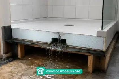Foam Shower Pan with a flood test leak exposing water beneath the shower base on a bathroom subfloor