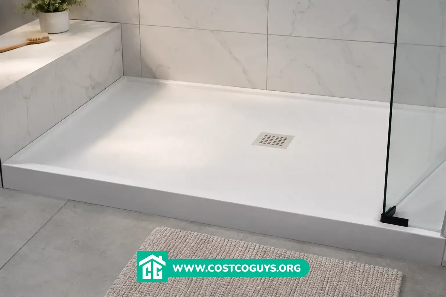 Pre-sloped shower pans in modern tiled bathroom with white rectangular base and center drain