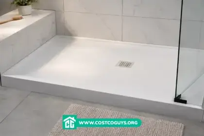 Pre-sloped shower pans in modern tiled bathroom with white rectangular base and center drain