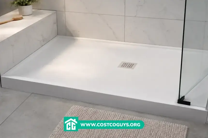 Pre-sloped shower pans in modern tiled bathroom with white rectangular base and center drain