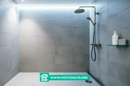 Presloped shower pan with white tiled floor and center drain in modern gray tile shower