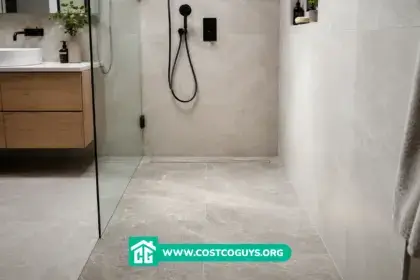 Slope for shower tiled floor with linear drain in modern walk-in bathroom