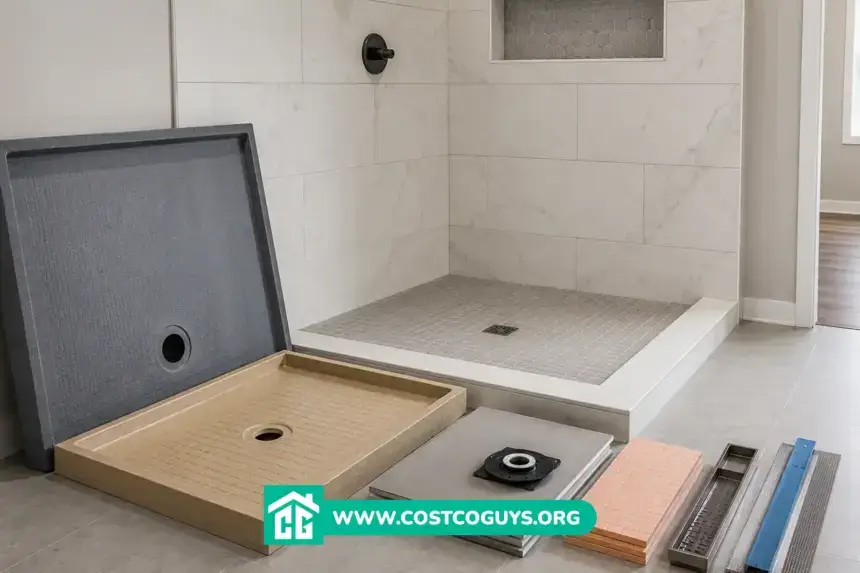 Tile shower pan kit components beside a finished tiled shower with drain parts and backer boards