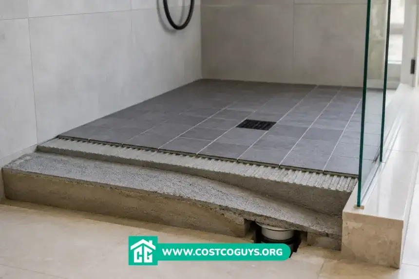 walk in shower floor slope under construction with tiled surface, mortar bed layers, and exposed drain plumbing