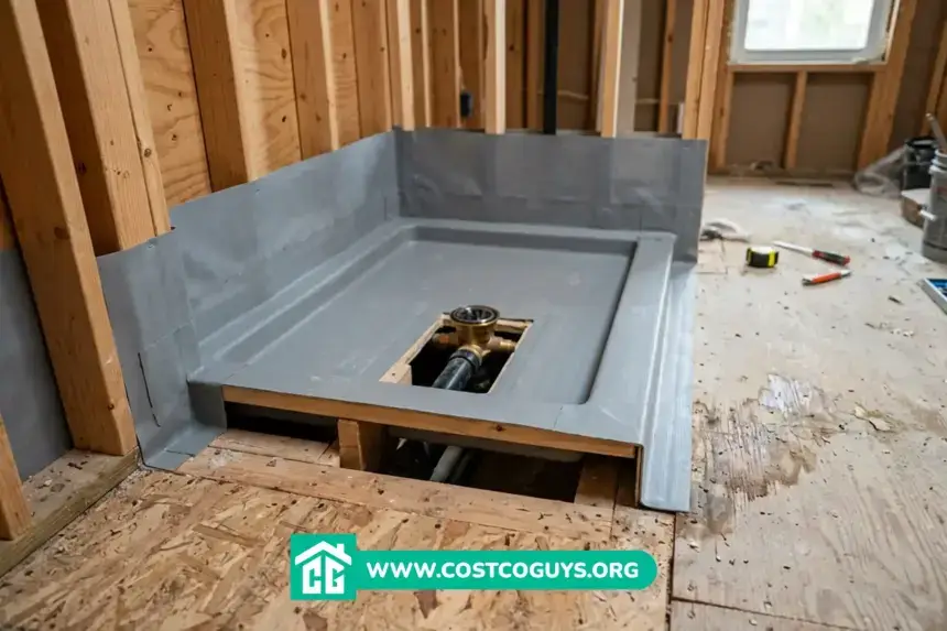 Waterproof shower pan installation featuring a gray tile-ready pre-pitched pan base on a wood subfloor.