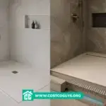 Zero Threshold Shower Pans in two modern walk-in shower installations showing finished design and construction layers