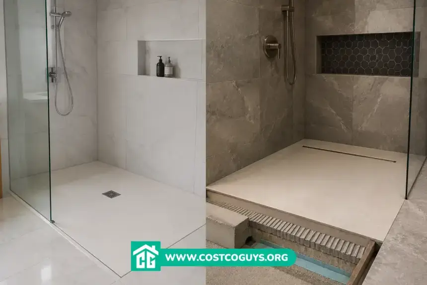 Zero Threshold Shower Pans in two modern walk-in shower installations showing finished design and construction layers