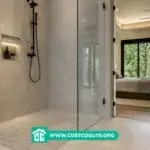 Zero threshold shower with frameless glass enclosure, recessed floor drain, large-format tile, and matte black fixtures