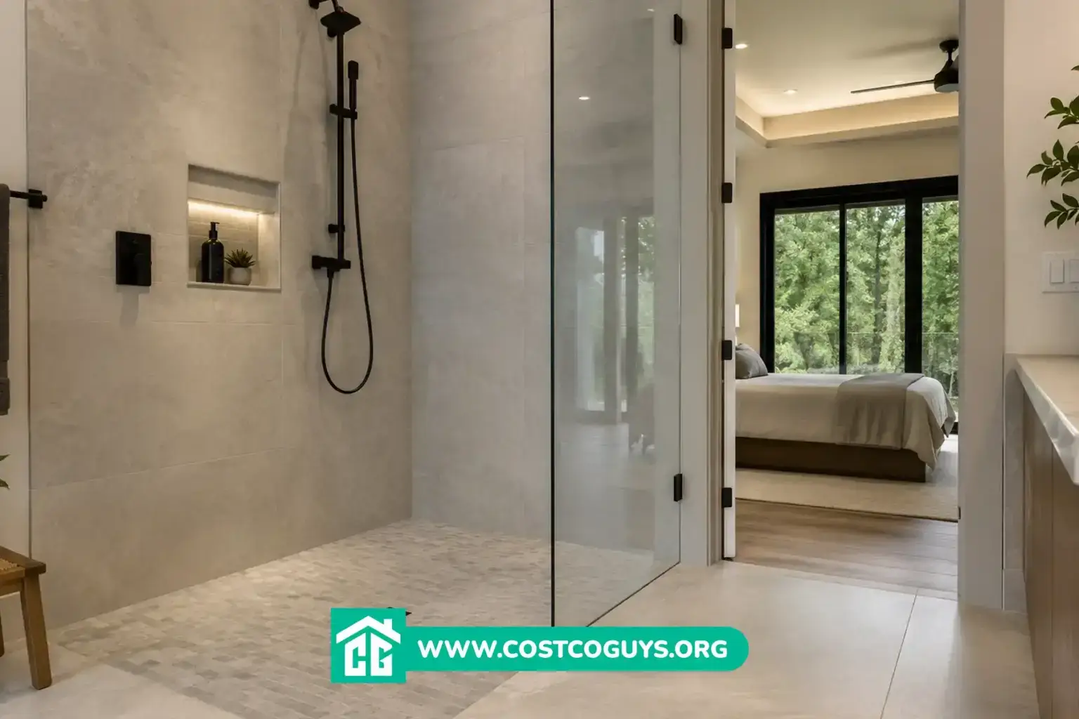 Zero threshold shower with frameless glass enclosure, recessed floor drain, large-format tile, and matte black fixtures