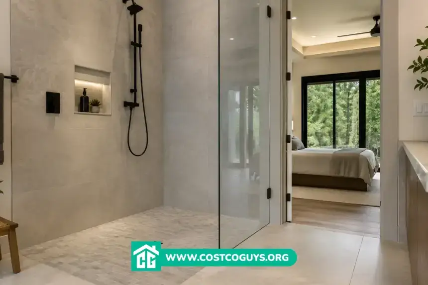 Zero threshold shower with frameless glass enclosure, recessed floor drain, large-format tile, and matte black fixtures