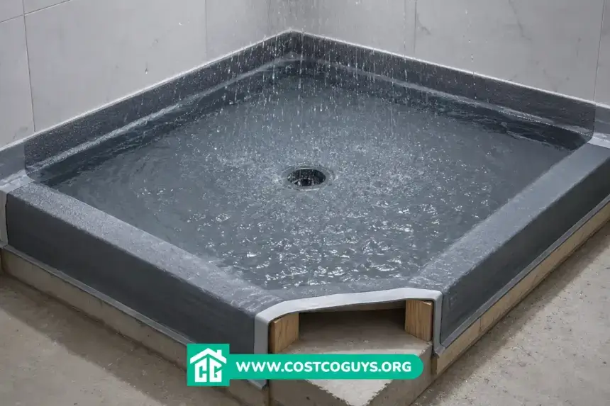 Shower Pan Waterproofing Membrane flood test with water-filled shower pan and center drain before tile installation