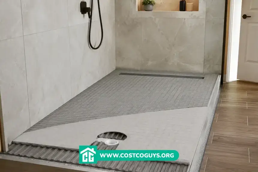 Tile Redi Curbless Shower Pan installation with exposed mortar bed, floor drain, and tiled walk-in shower under construction