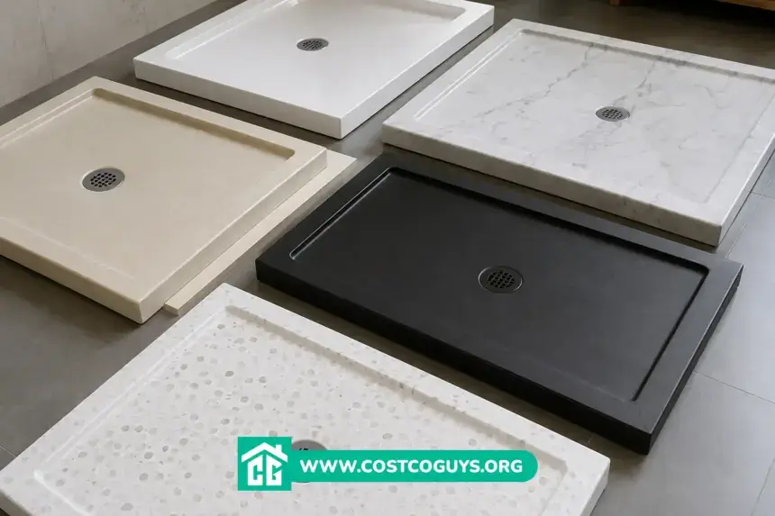 30 x 48 shower pans in white, marble, beige, black, and terrazzo finishes