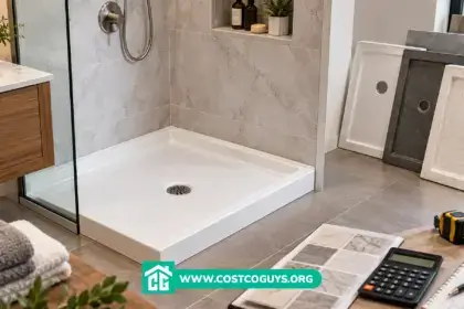 white 36 inch shower base with center drain set into a framed bathroom alcove
