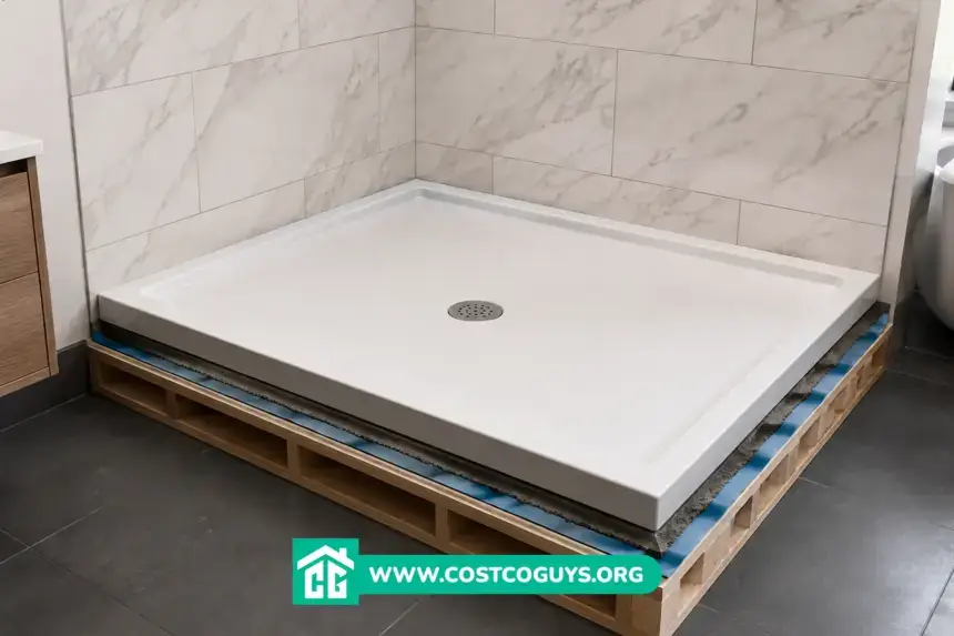 36 x 72 shower pan with linear drain and curb set in a bathroom alcove before tiling