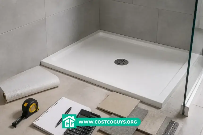 48x48 shower pan with drain, tile samples, tape measure, calculator, and renovation materials