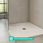 White shower pan in a modern tiled bathroom with a glass shower enclosure