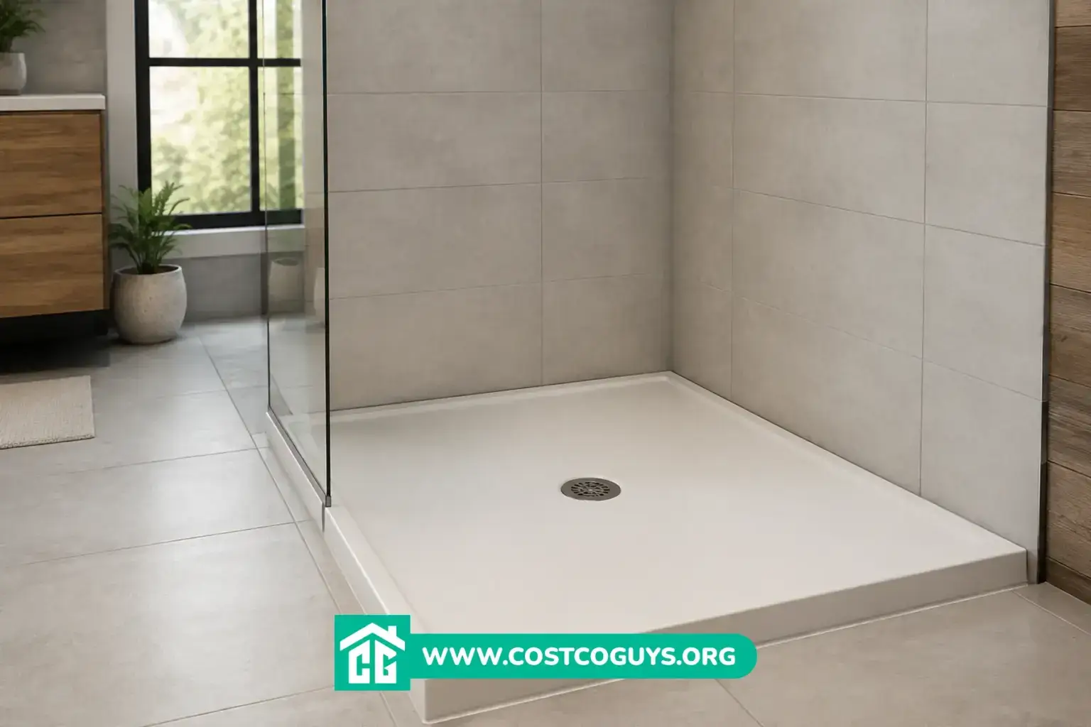 White shower pan in a modern tiled bathroom with a glass shower enclosure