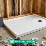 60 x 40 shower pan with a calculator, cash, tile samples, lumber, and plumbing fittings