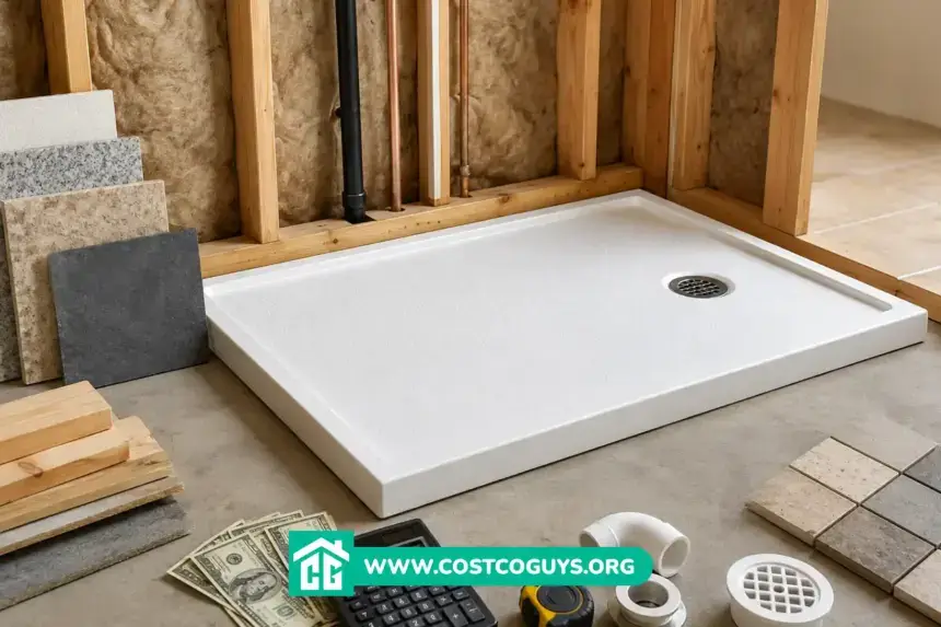 60 x 40 shower pan with a calculator, cash, tile samples, lumber, and plumbing fittings