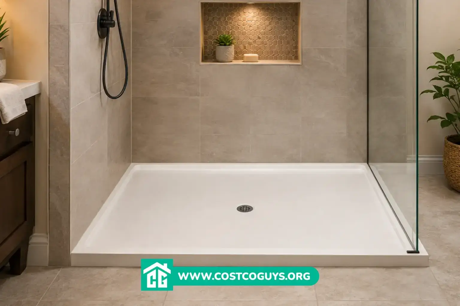 White rectangular 60 x 48 Shower Pan installed in a tiled bathroom with glass shower panel
