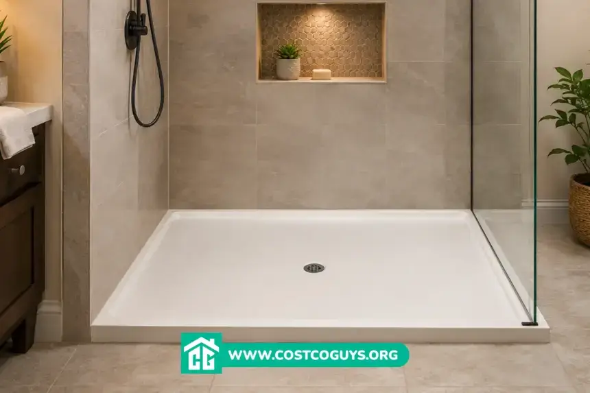 White rectangular 60 x 48 Shower Pan installed in a tiled bathroom with glass shower panel