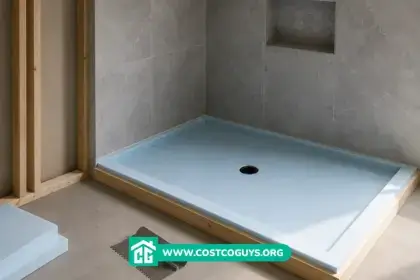Custom foam shower pan set on a bathroom subfloor before waterproofing and tile
