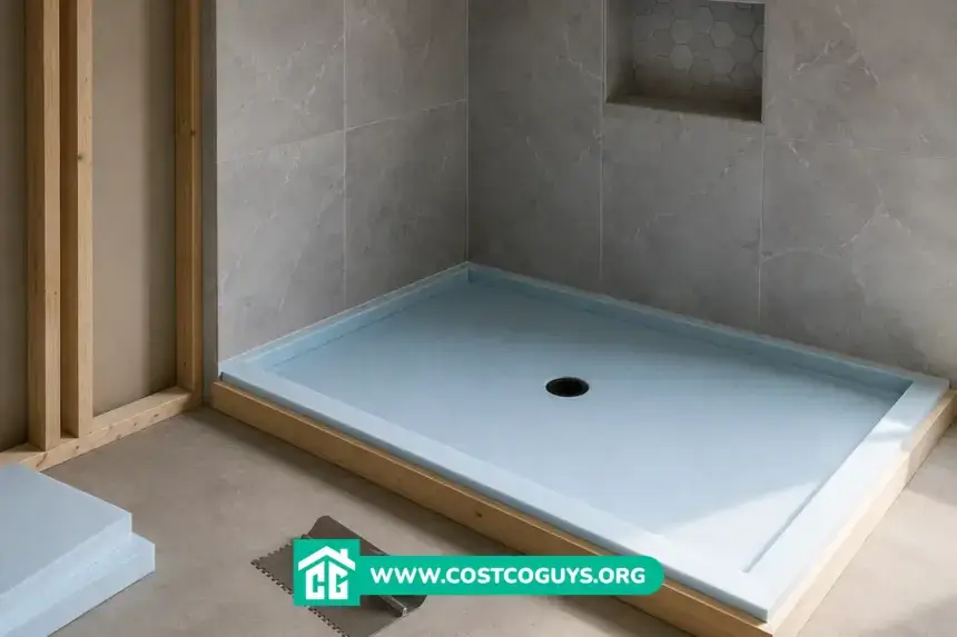 Custom foam shower pan set on a bathroom subfloor before waterproofing and tile