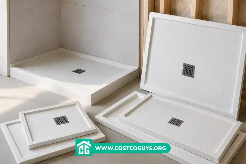 Foam Shower Pans in multiple standard sizes beside an installed shower base during bathroom renovation