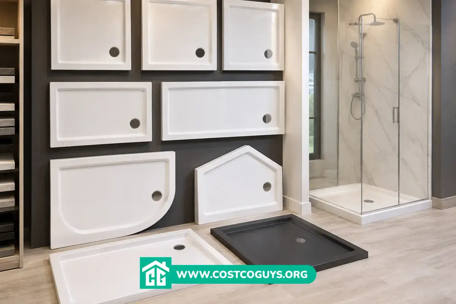 Multiple shower bases in different sizes and shapes displayed in a bathroom showroom