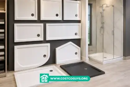 Multiple shower bases in different sizes and shapes displayed in a bathroom showroom
