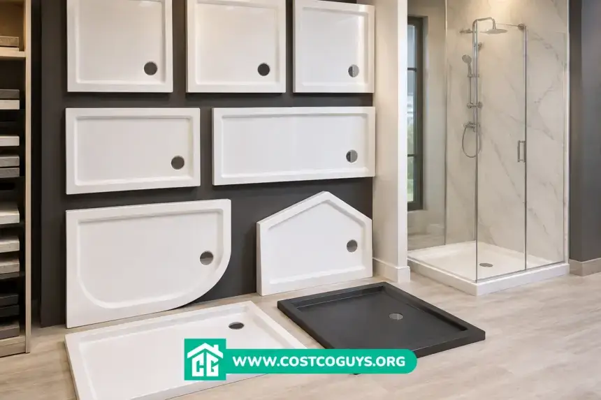 Multiple shower bases in different sizes and shapes displayed in a bathroom showroom