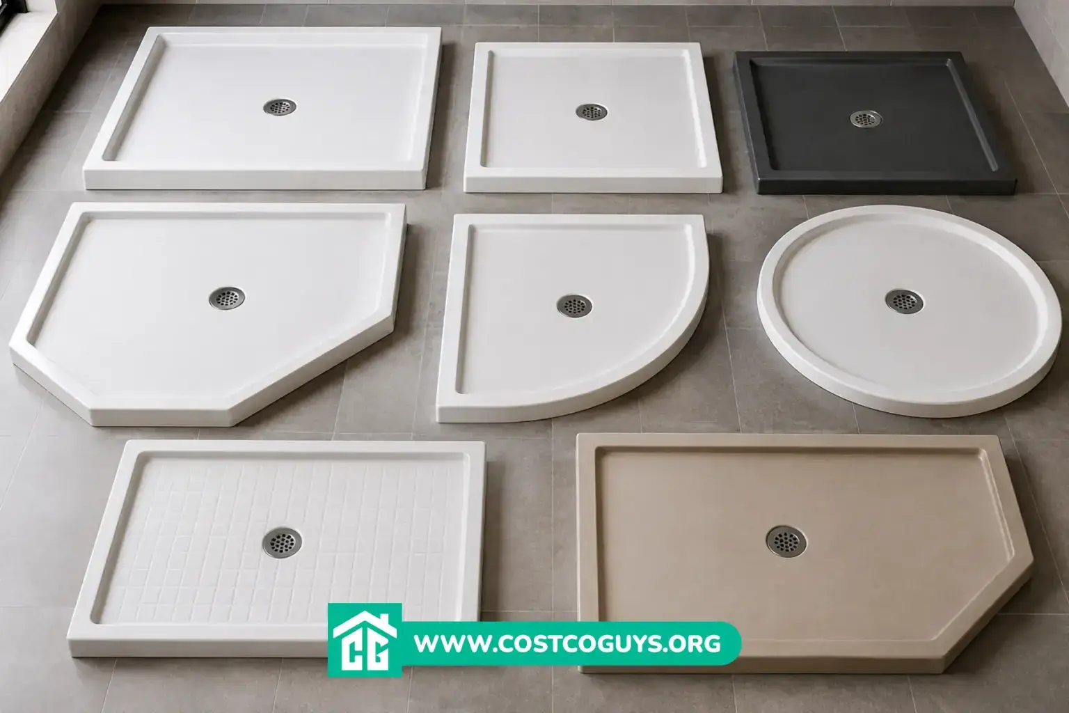 Shower pans in rectangular, pentagonal, quarter-round, and circular shapes