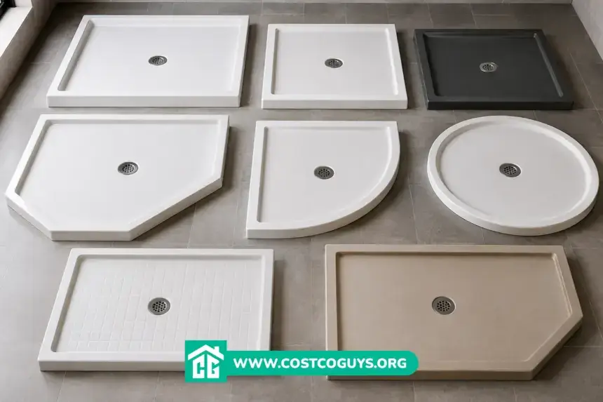 Shower pans in rectangular, pentagonal, quarter-round, and circular shapes