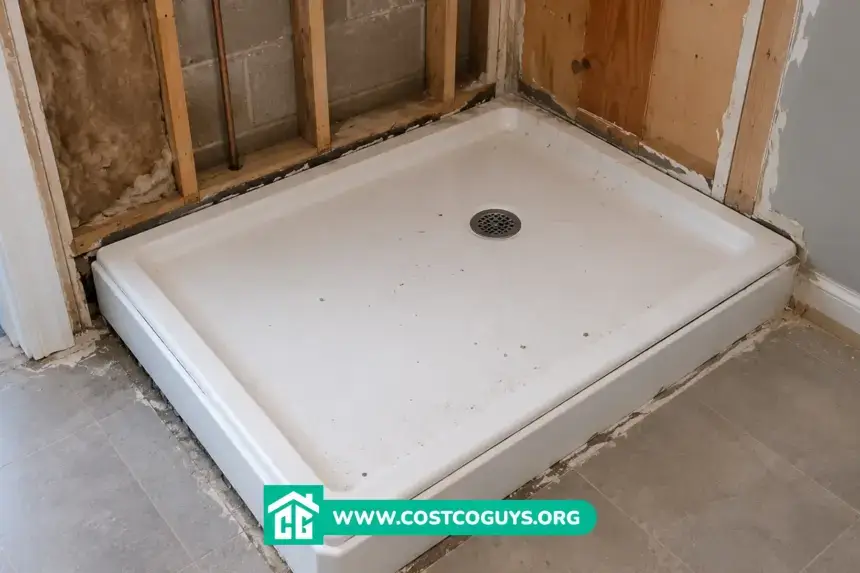 Standard Shower Pan Size shown with a white shower pan in an unfinished bathroom refit