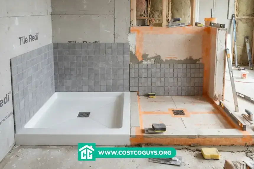 tile shower pan kit installation with waterproof membrane and drain on subfloor