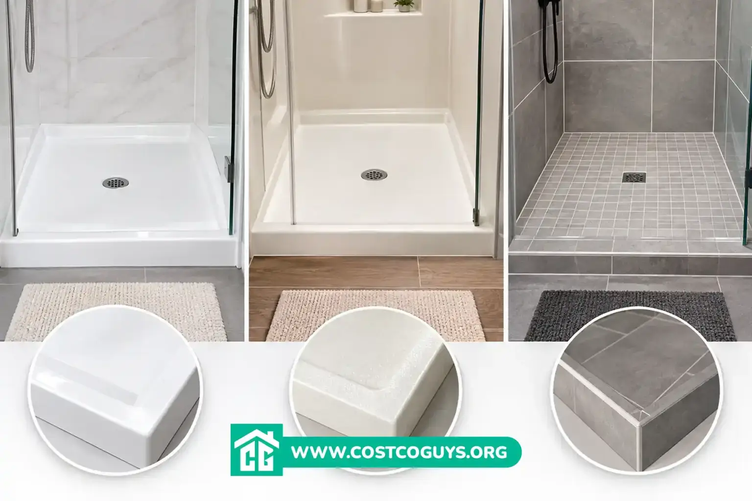 White acrylic 30 inch shower pan with center drain set into a framed shower opening