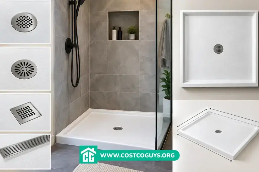 White 30 x 36 shower pan with center drain set on bathroom subfloor before wall installation