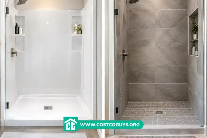 Acrylic and tileable shower bases shown side by side for 30 x 54 shower pan comparison