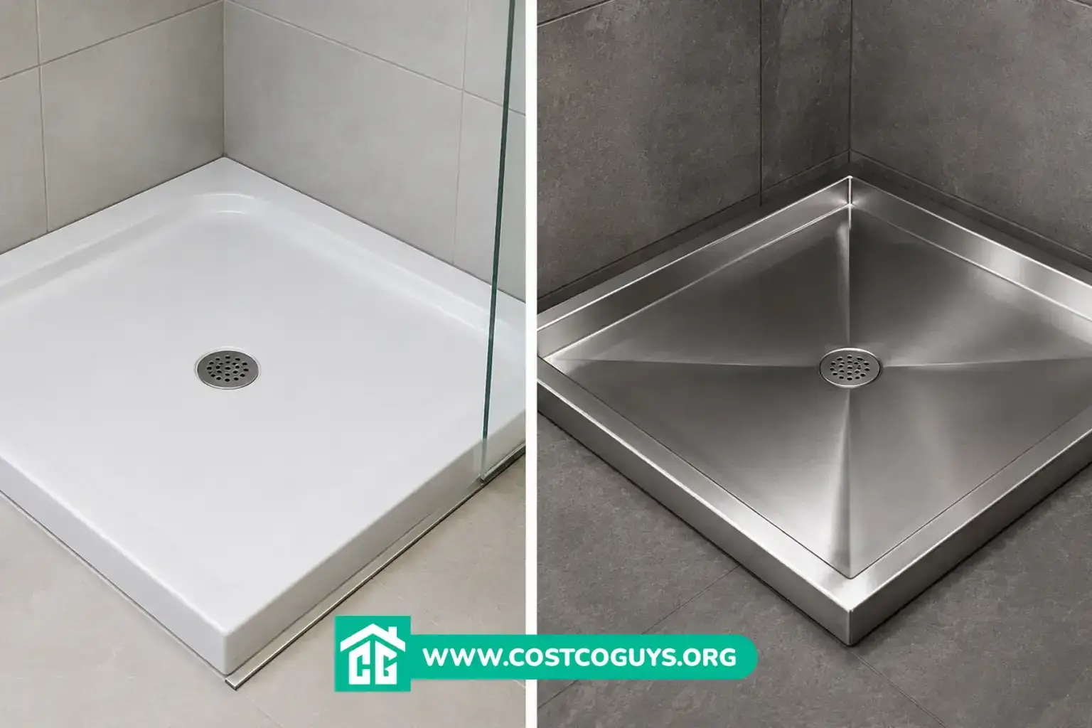 30x30 shower base shown in white acrylic and stainless steel with center drains