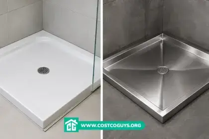 30x30 shower base shown in white acrylic and stainless steel with center drains