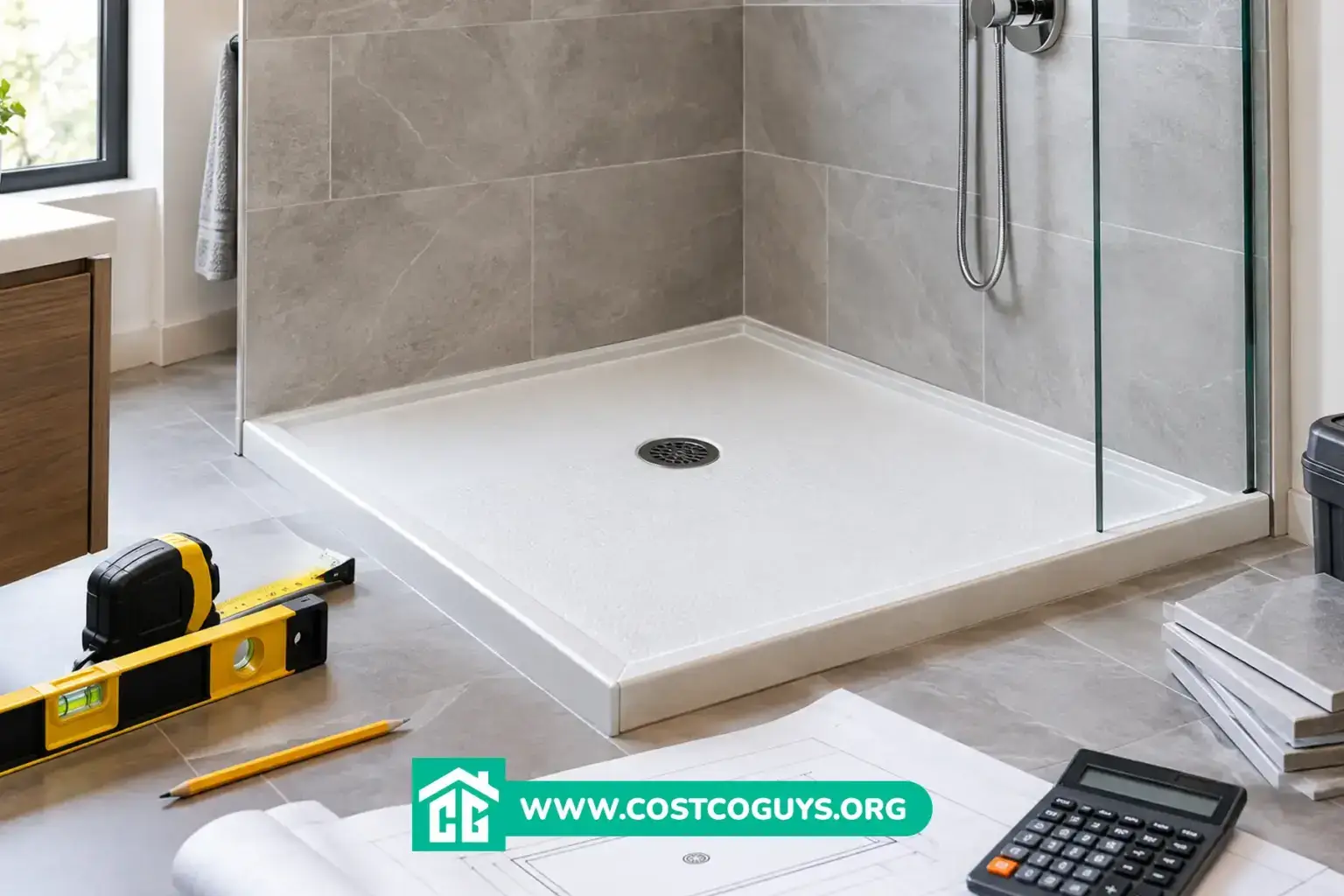 32x36 shower pan with measuring tools, calculator, plans, tiles, and installation