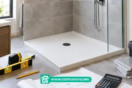 32x36 shower pan with measuring tools, calculator, plans, tiles, and installation